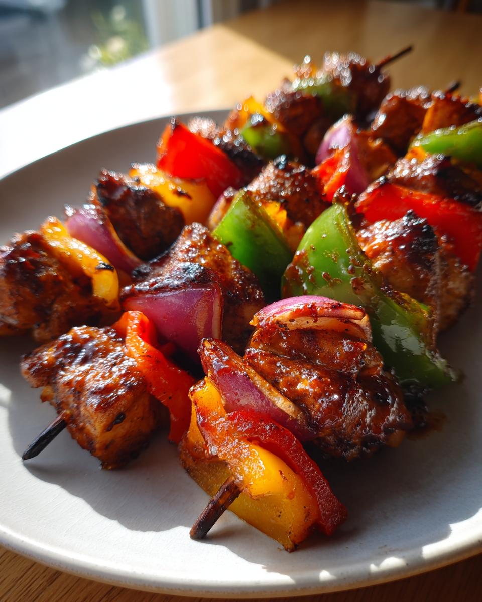 Close-up of delicious honey BBQ chicken kabobs with colorful bell peppers and red onion on a white plate.