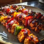 Close-up of grilled honey BBQ chicken kabobs with colorful bell peppers and red onion on a plate.