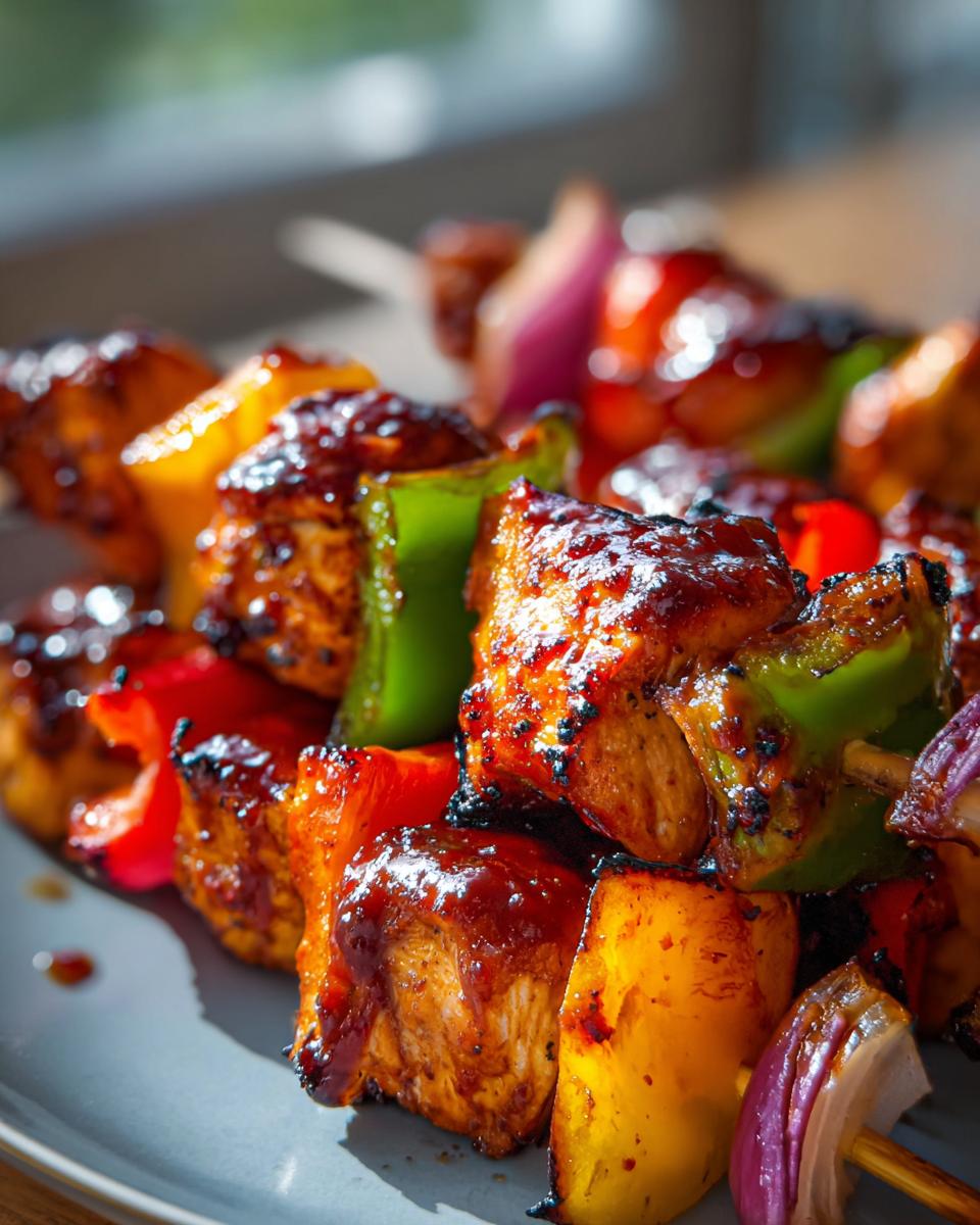Close-up of delicious honey BBQ chicken kabobs with bell peppers and red onion, glazed and grilled to perfection.
