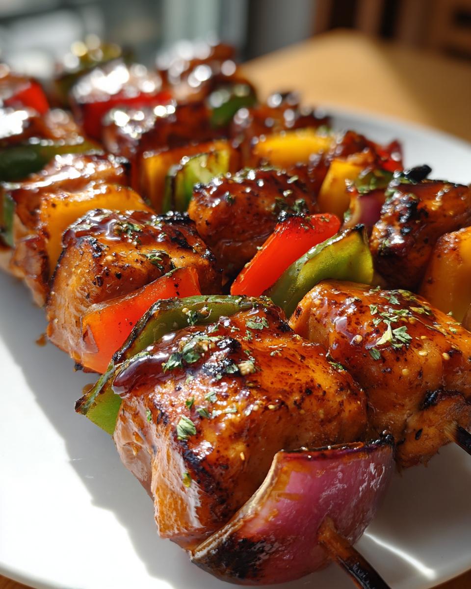 Close-up of delicious honey BBQ chicken kabobs with colorful bell peppers and red onion, glazed and grilled.