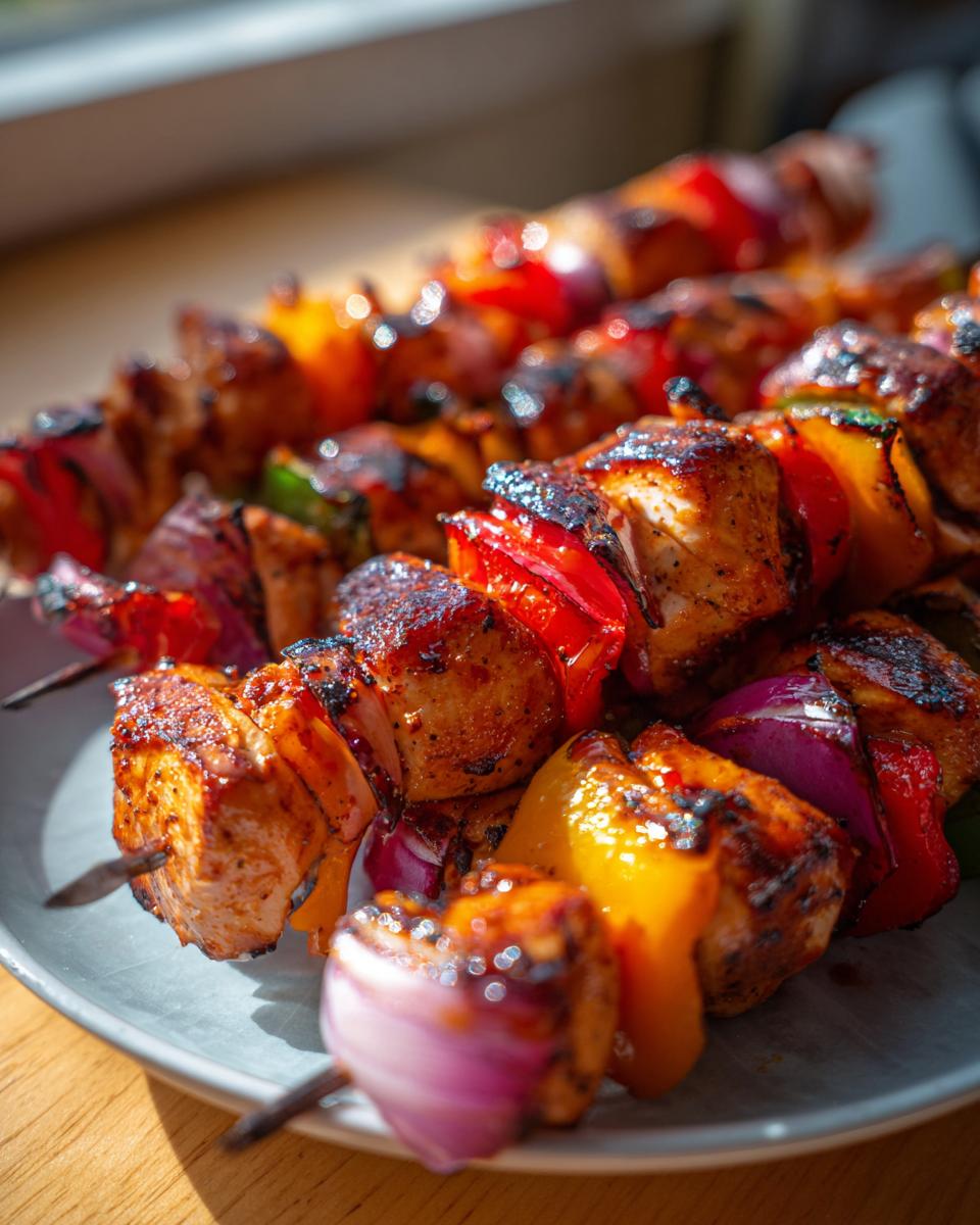 Close-up of grilled honey BBQ chicken kabobs with bell peppers and red onion on a plate.