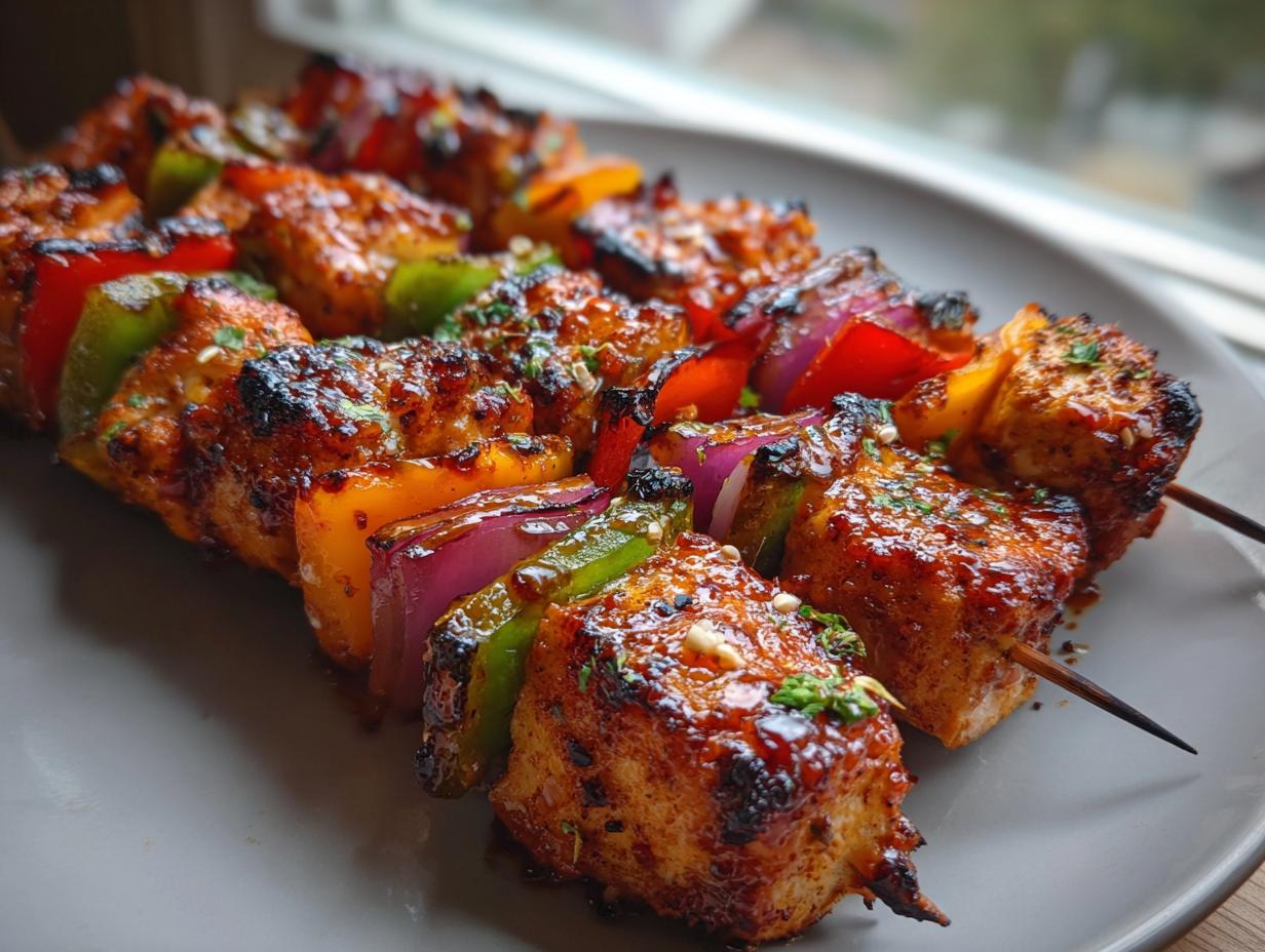 Close-up of delicious honey BBQ chicken kabobs with colorful bell peppers and red onion, grilled to perfection.
