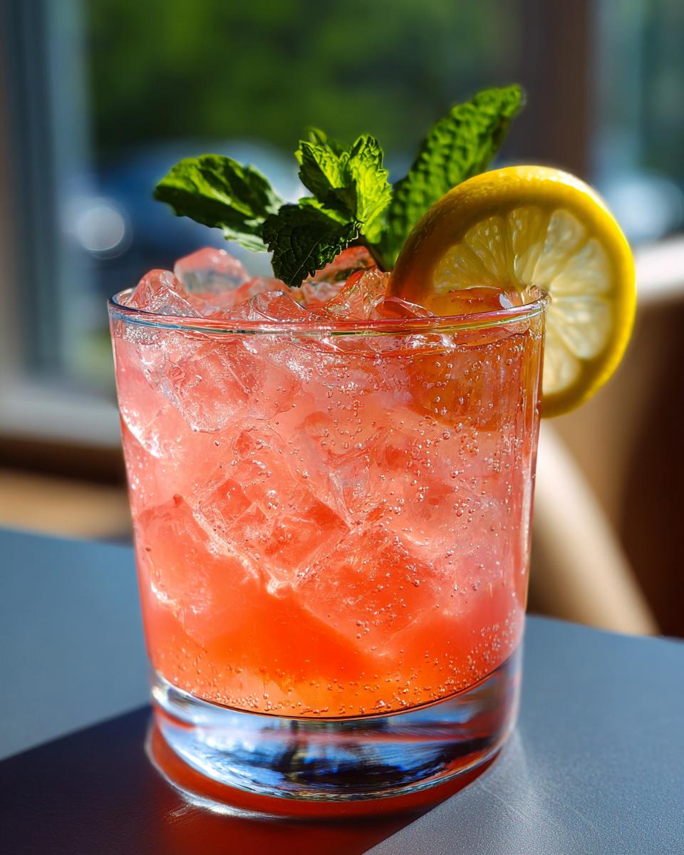 A tall glass filled with ice, honey lemon pink soda, garnished with a lemon slice and fresh mint leaves.