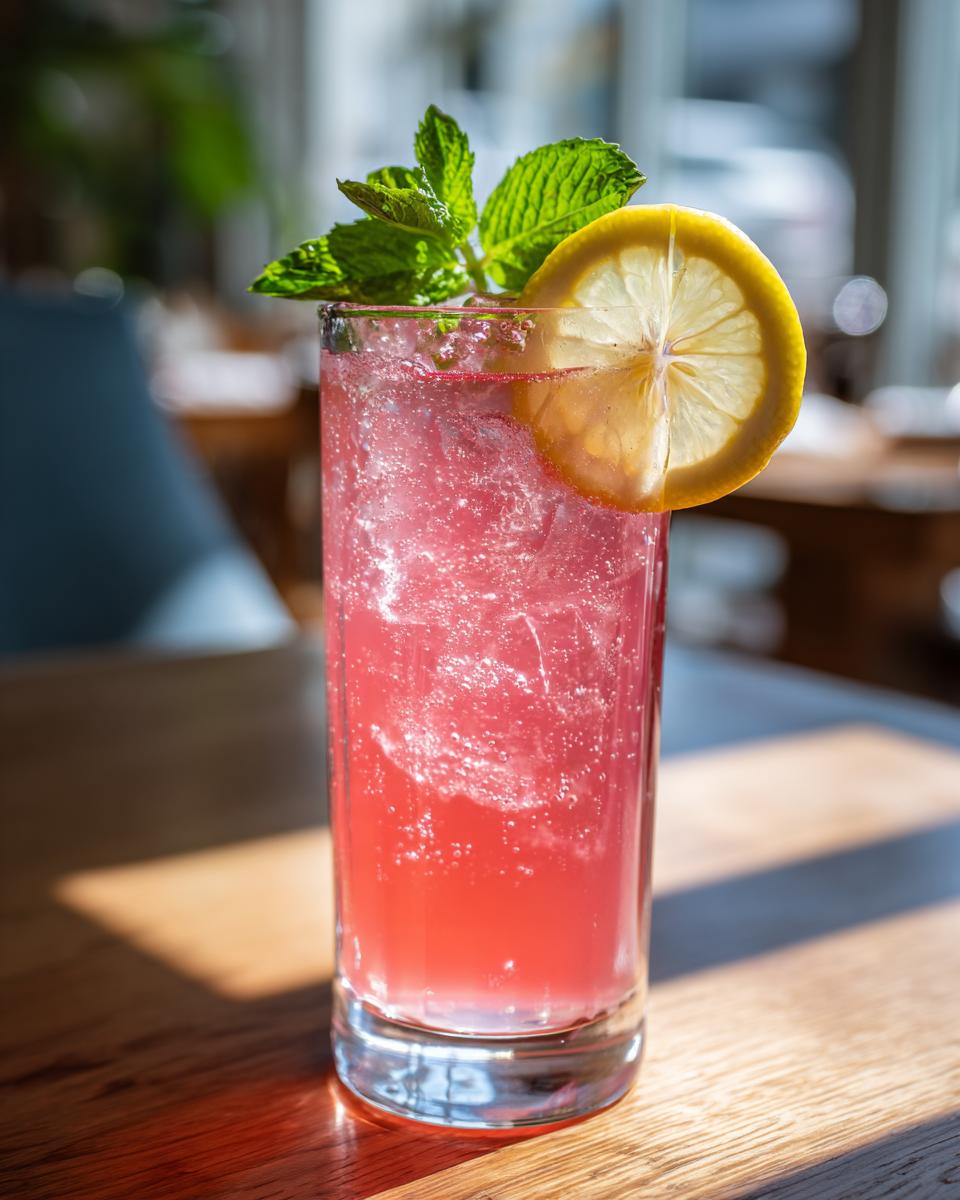 A tall glass of bubbly honey lemon pink soda, garnished with a lemon slice and fresh mint.