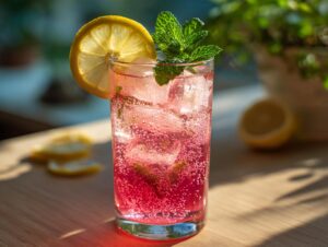 A tall glass of honey lemon pink soda with ice, lemon slice, and mint garnish.