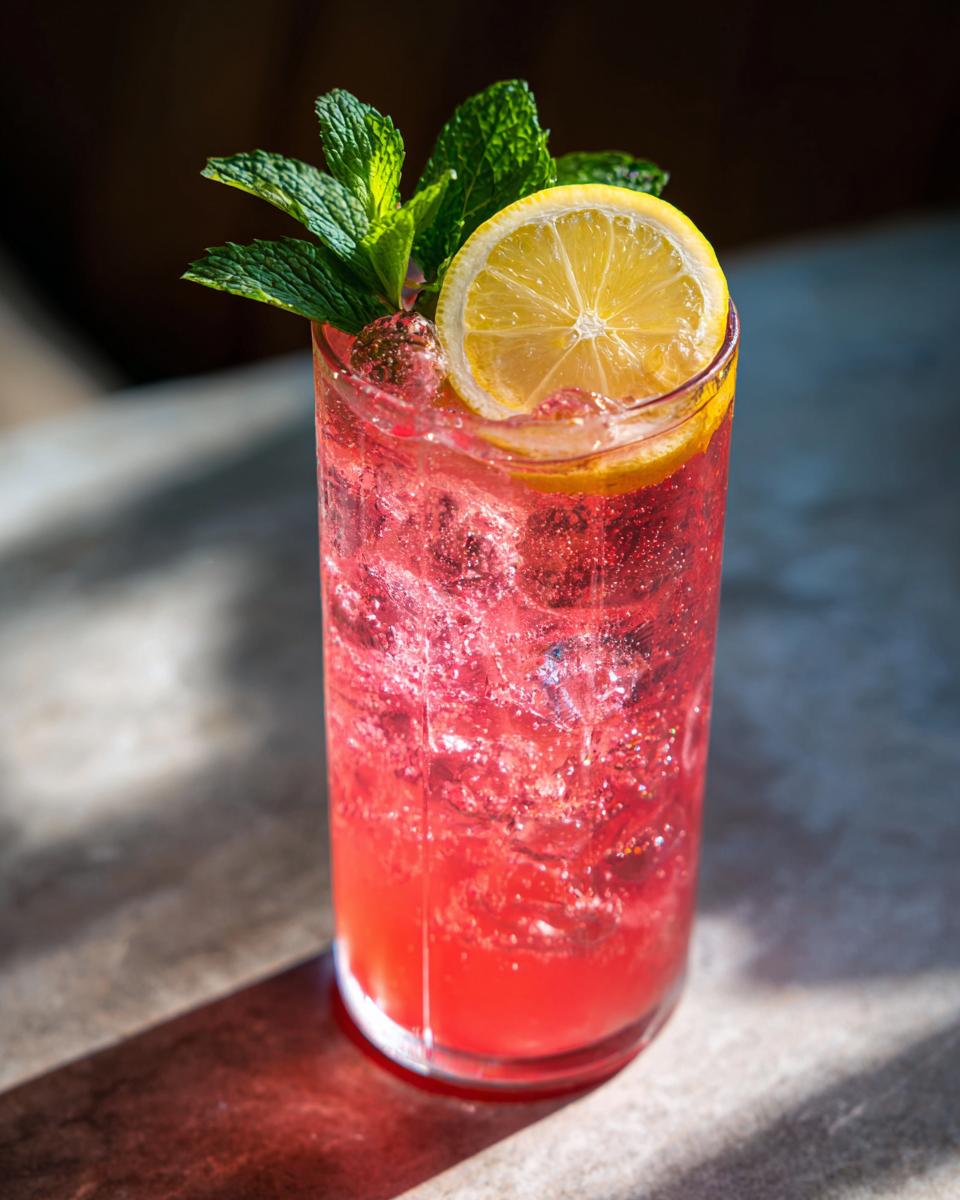 A tall glass filled with bubbly honey lemon pink soda, ice, a lemon slice, and fresh mint leaves.