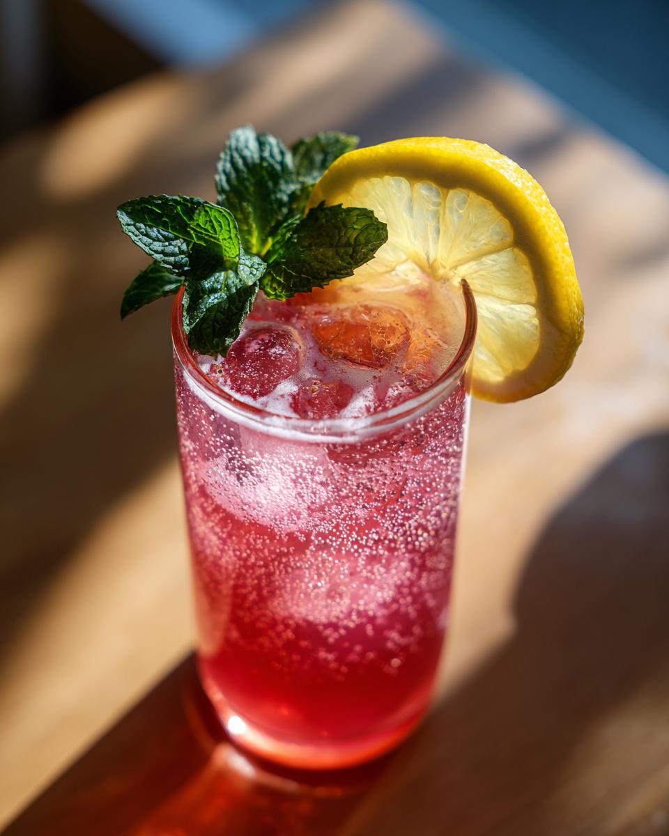 A tall glass of bubbly honey lemon pink soda, garnished with a lemon slice and fresh mint leaves.