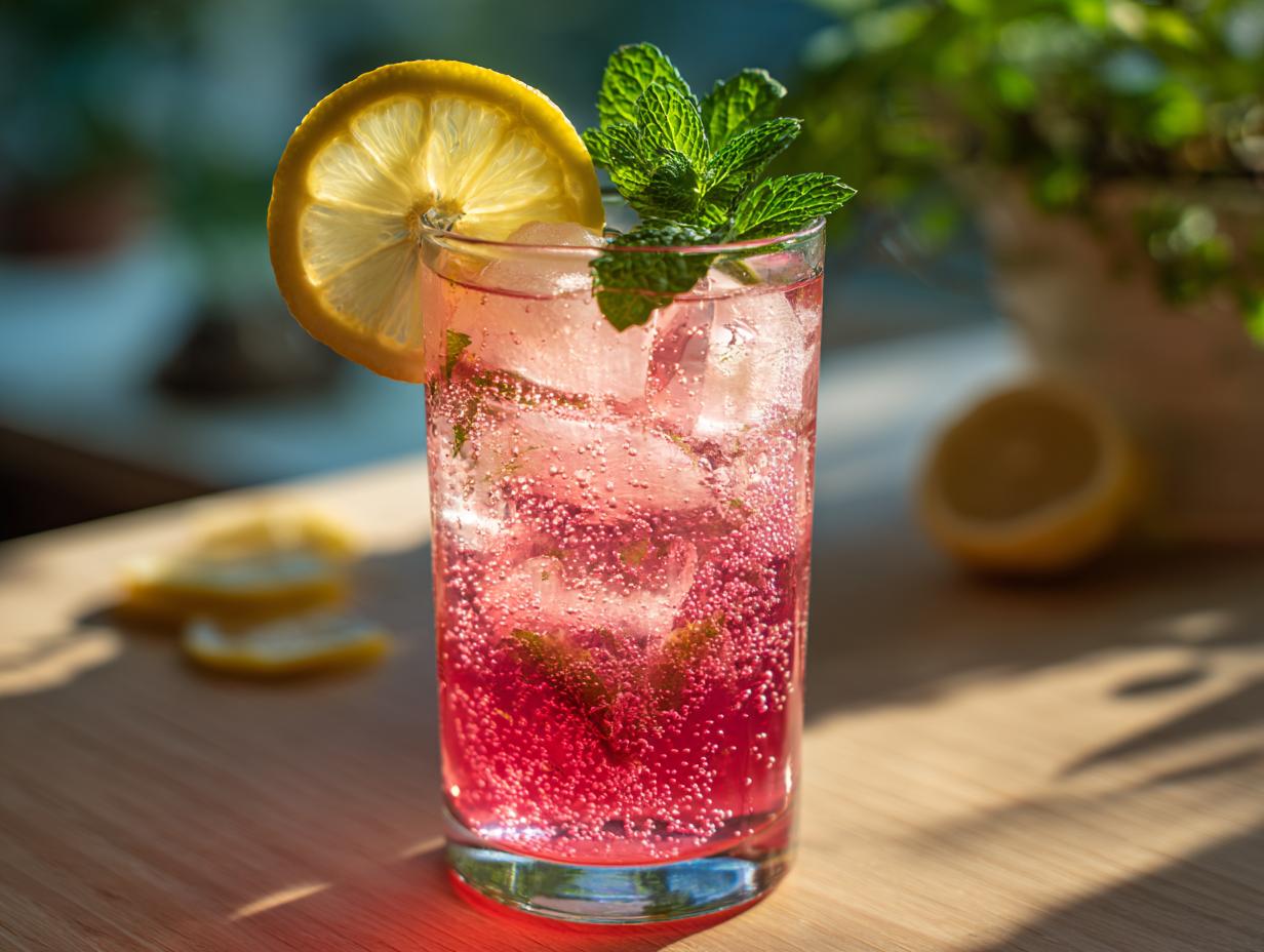 A tall glass of honey lemon pink soda with ice, lemon slice, and mint garnish.