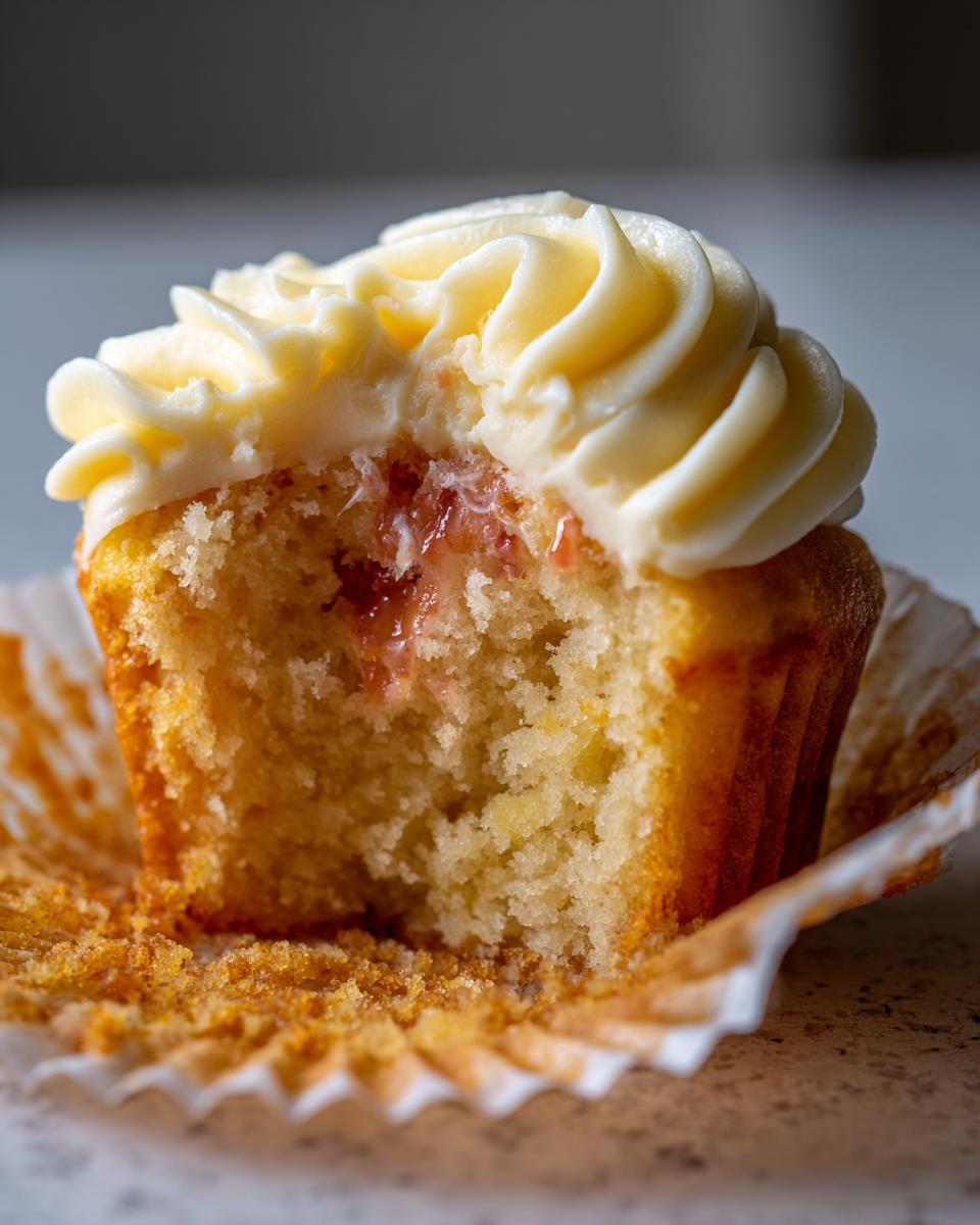 A bite taken out of a Honey Peach Cream Cheese Cupcake, revealing a sweet peach filling and creamy frosting.