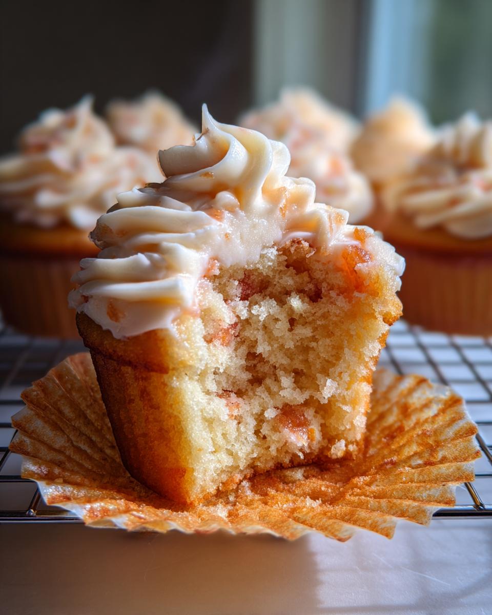 A bite taken out of a Honey Peach Cream Cheese Cupcake, showing the fluffy cake and creamy frosting.