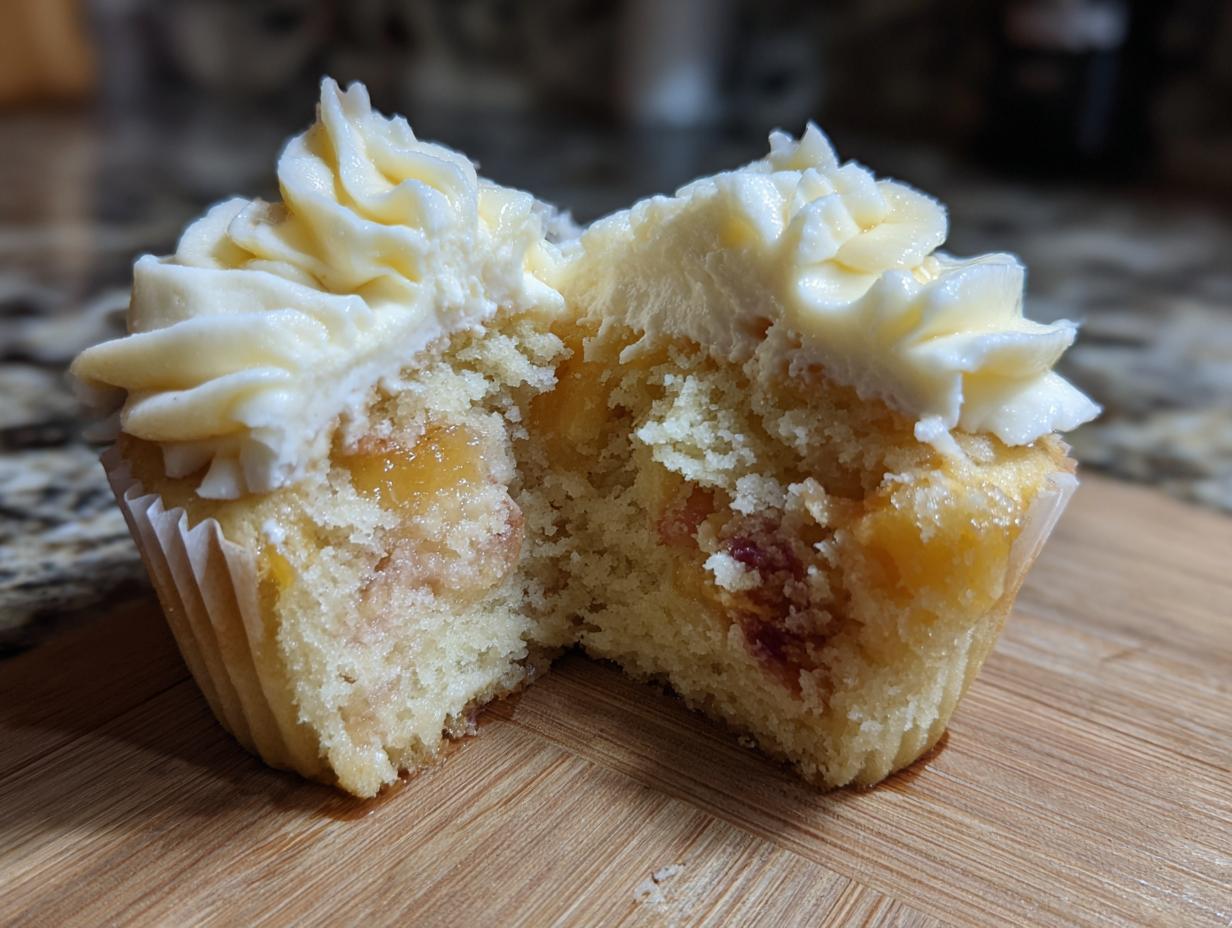 A delicious Honey Peach Cream Cheese Cupcake, cut in half to reveal the peachy filling and creamy frosting.