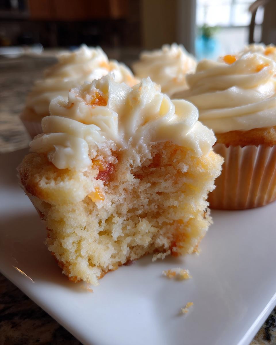 A close-up of a Honey Peach Cream Cheese Cupcake with a bite taken out, showing the moist cake and peach filling.