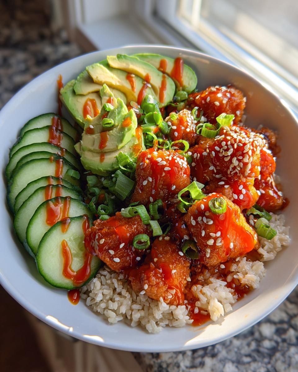 Close-up of a delicious bowl featuring glazed protein, brown rice, sliced avocado, cucumber, and green onions, perfect for salmon bowls.