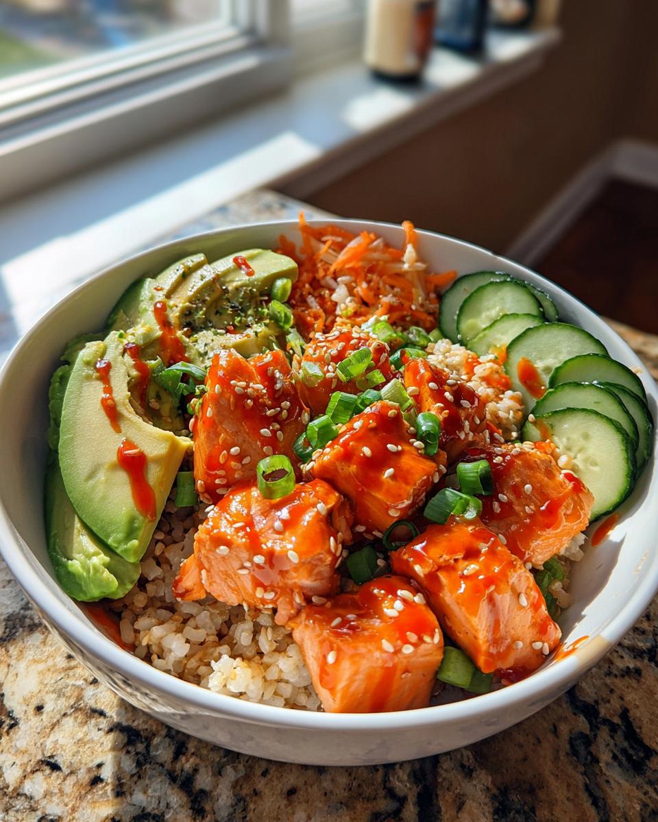 Close-up of vibrant honey sriracha salmon bowls featuring glazed salmon chunks over rice with avocado and cucumber.