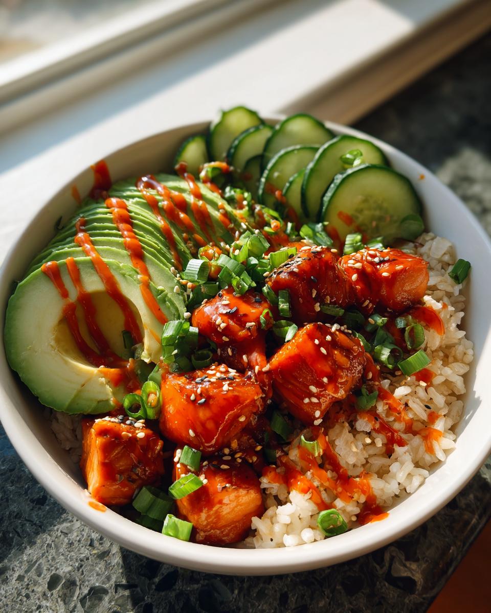 Close-up of a delicious salmon bowls featuring glazed salmon cubes, sliced avocado, cucumbers, and green onions over rice.