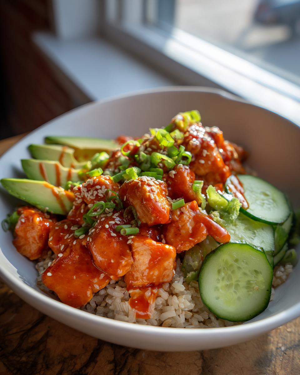 Close-up of Honey Sriracha salmon bowls featuring glazed salmon chunks over brown rice with avocado and cucumber.