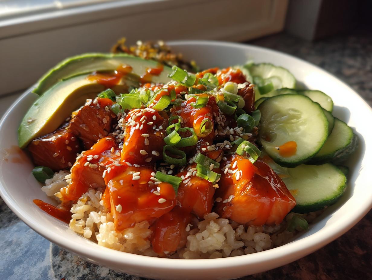 A close-up of delicious honey sriracha salmon bowls featuring glazed salmon chunks over brown rice, topped with sesame seeds and green onions.