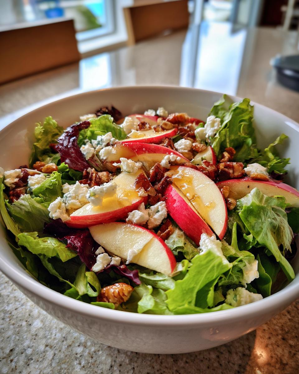 A refreshing Honeycrisp Apple Feta Salad with crisp lettuce, crumbled feta cheese, chopped nuts, and apple slices.