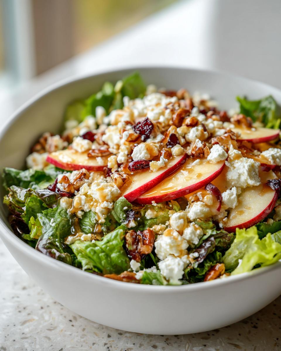 A refreshing honeycrisp apple feta salad piled high in a white bowl, featuring crisp lettuce, sliced apples, crumbled feta, and crunchy walnuts.