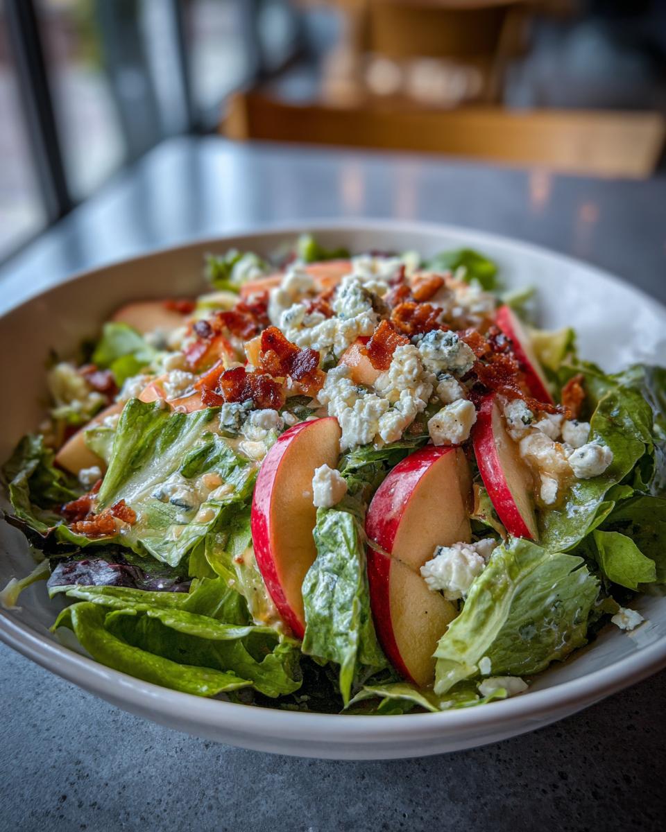 A refreshing Honeycrisp apple feta salad topped with crumbled feta cheese and crispy bacon bits.