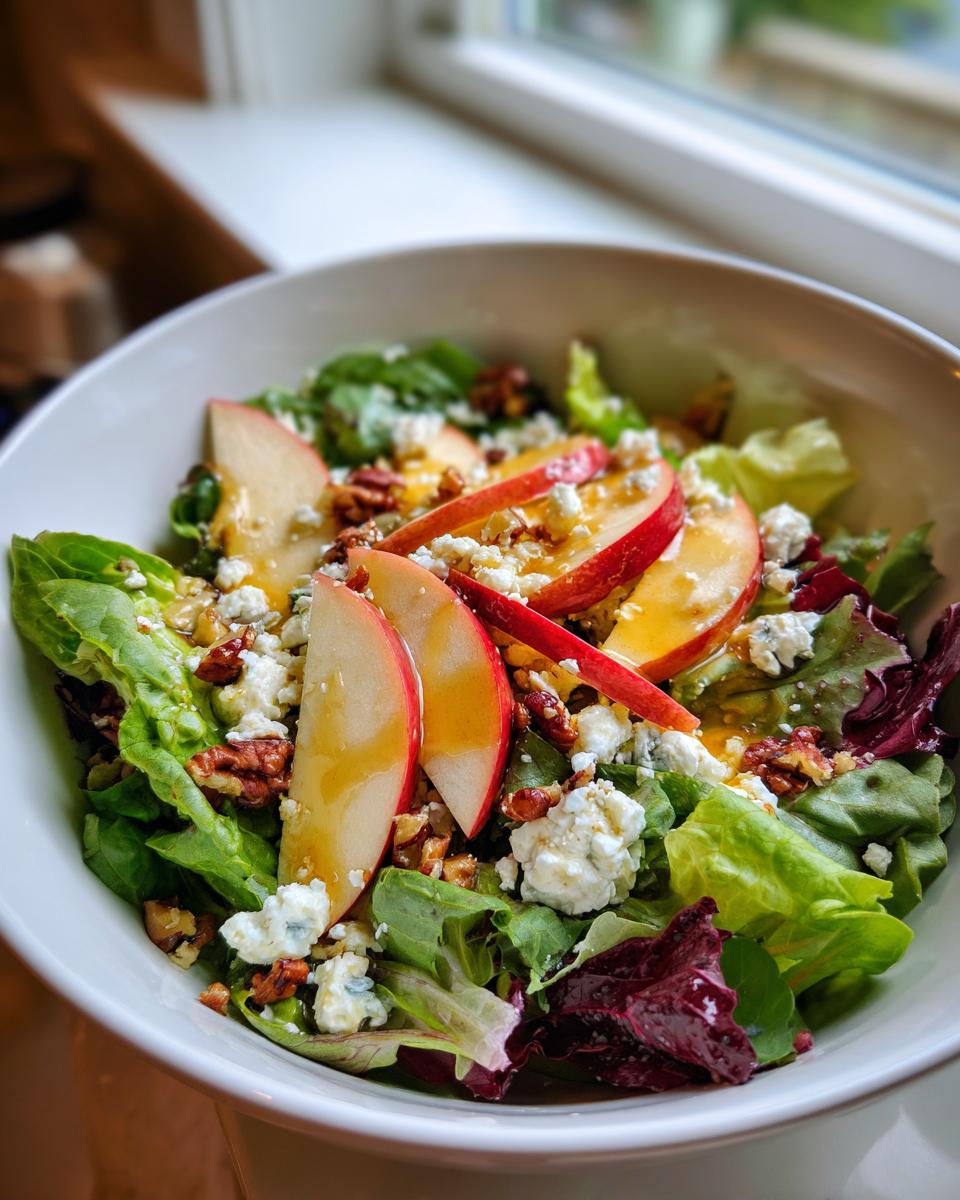 A close-up of a refreshing honeycrisp apple feta salad with mixed greens, crumbled feta, walnuts, and apple slices drizzled with dressing.