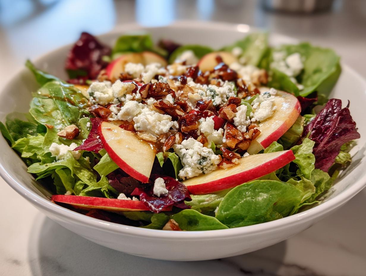 A refreshing Honeycrisp apple feta salad with mixed greens, crumbled feta cheese, sliced apples, and chopped nuts.