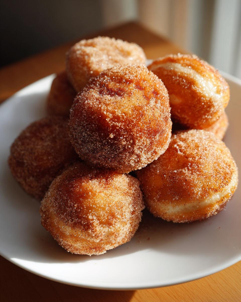 A close-up shot of a stack of delicious hot buttered mini donuts, coated in cinnamon sugar.
