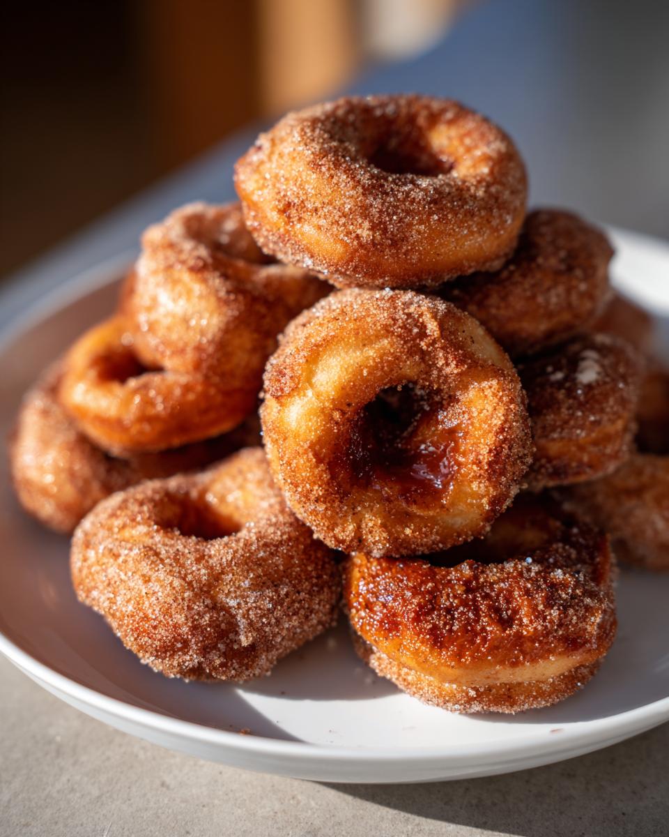 A close-up stack of freshly made hot buttered mini donuts coated in cinnamon sugar.