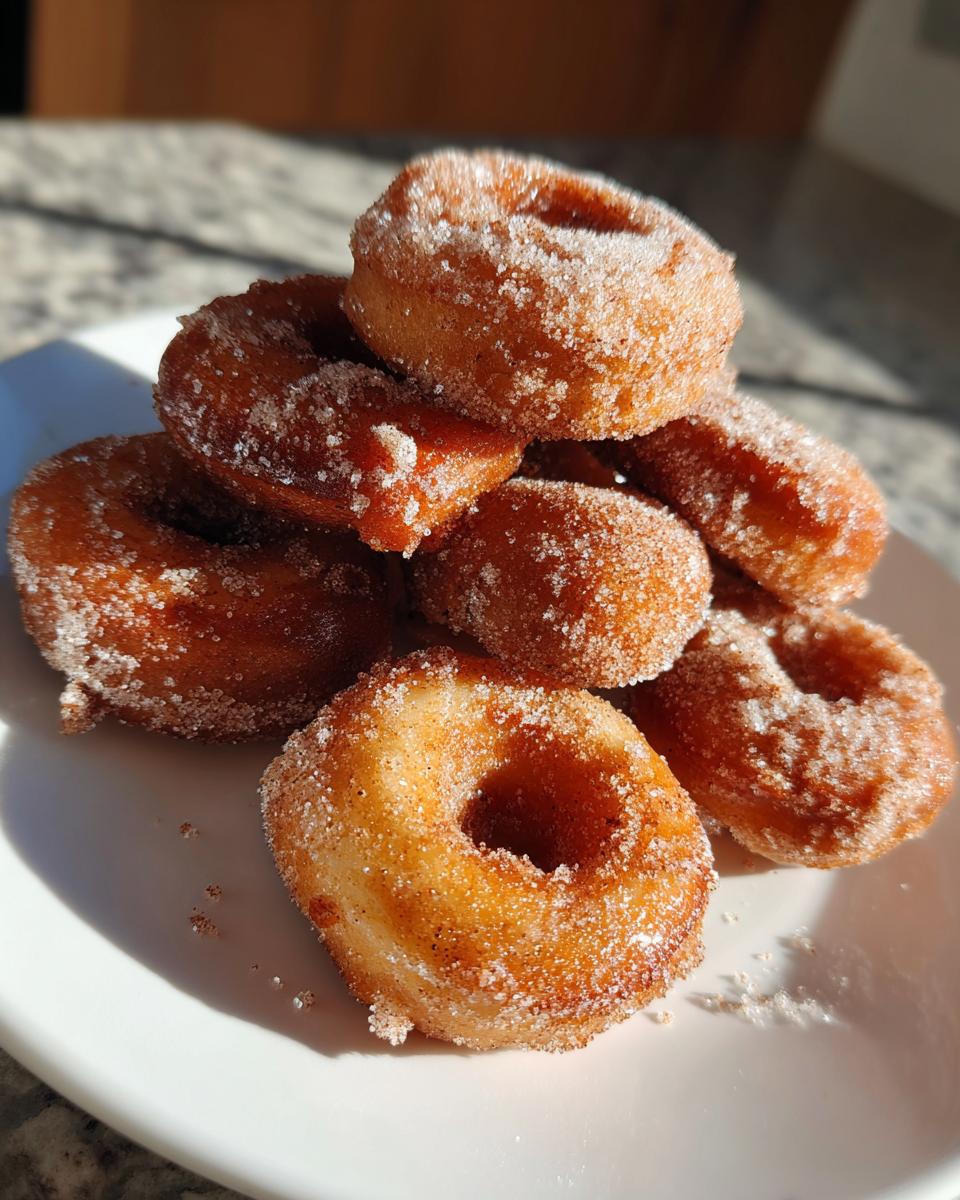 A stack of freshly made hot buttered mini donuts, coated in cinnamon sugar, on a white plate.