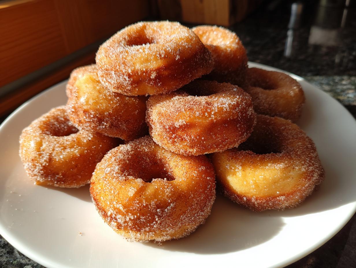 A pile of freshly made hot buttered mini donuts coated in cinnamon sugar on a white plate.