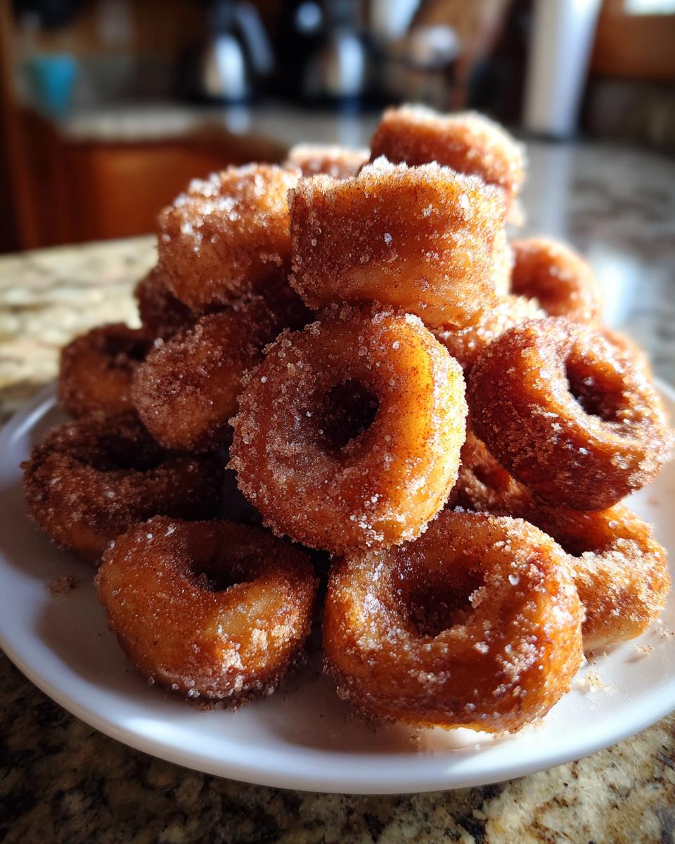A close-up, piled high stack of golden brown hot buttered mini donuts coated in cinnamon sugar.