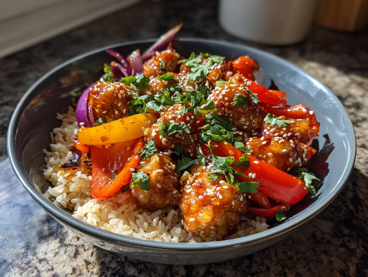 A delicious hot honey chicken bowl served over rice, with colorful bell peppers, red onion, and garnished with sesame seeds and cilantro.