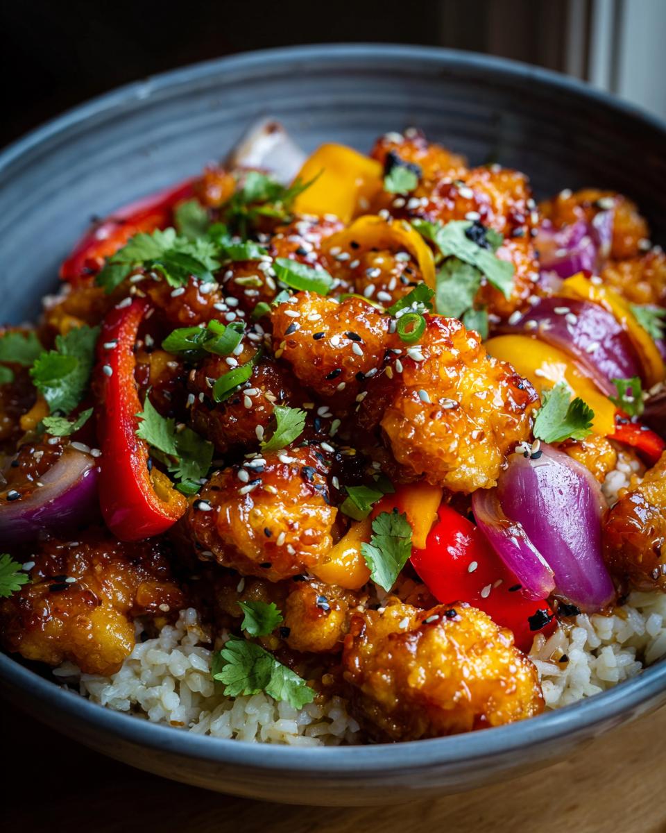 A close-up of a delicious Hot Honey Chicken Bowl with crispy chicken, colorful bell peppers, red onion, and cilantro over rice, sprinkled with sesame seeds.