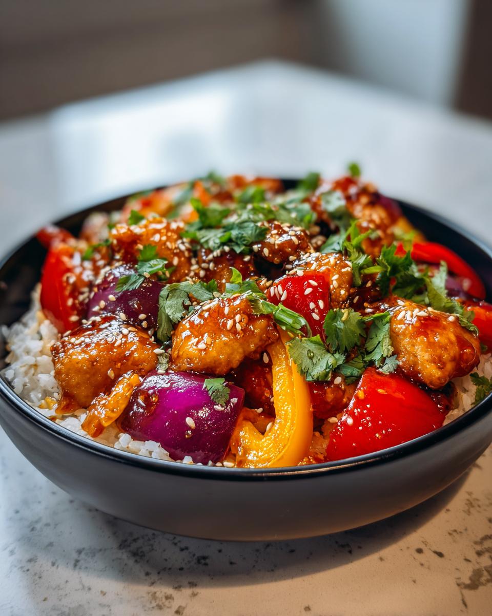 A close-up of a delicious hot honey chicken bowl filled with rice, chicken pieces, red and yellow bell peppers, and red onion, topped with sesame seeds and cilantro.