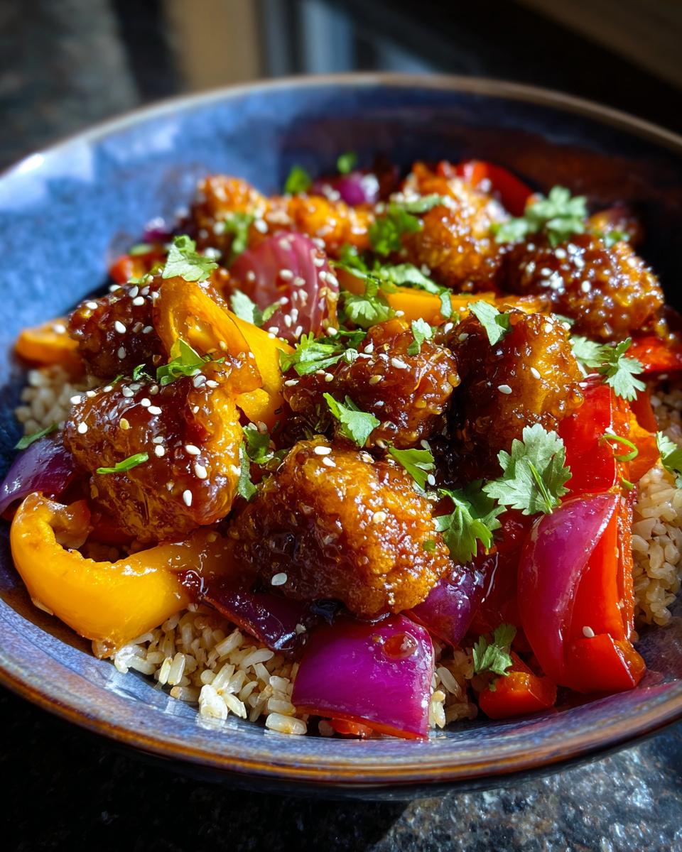 A close-up of a vibrant Hot Honey Chicken Bowl, featuring glazed chicken pieces, colorful bell peppers, red onion, and brown rice, garnished with sesame seeds and cilantro.