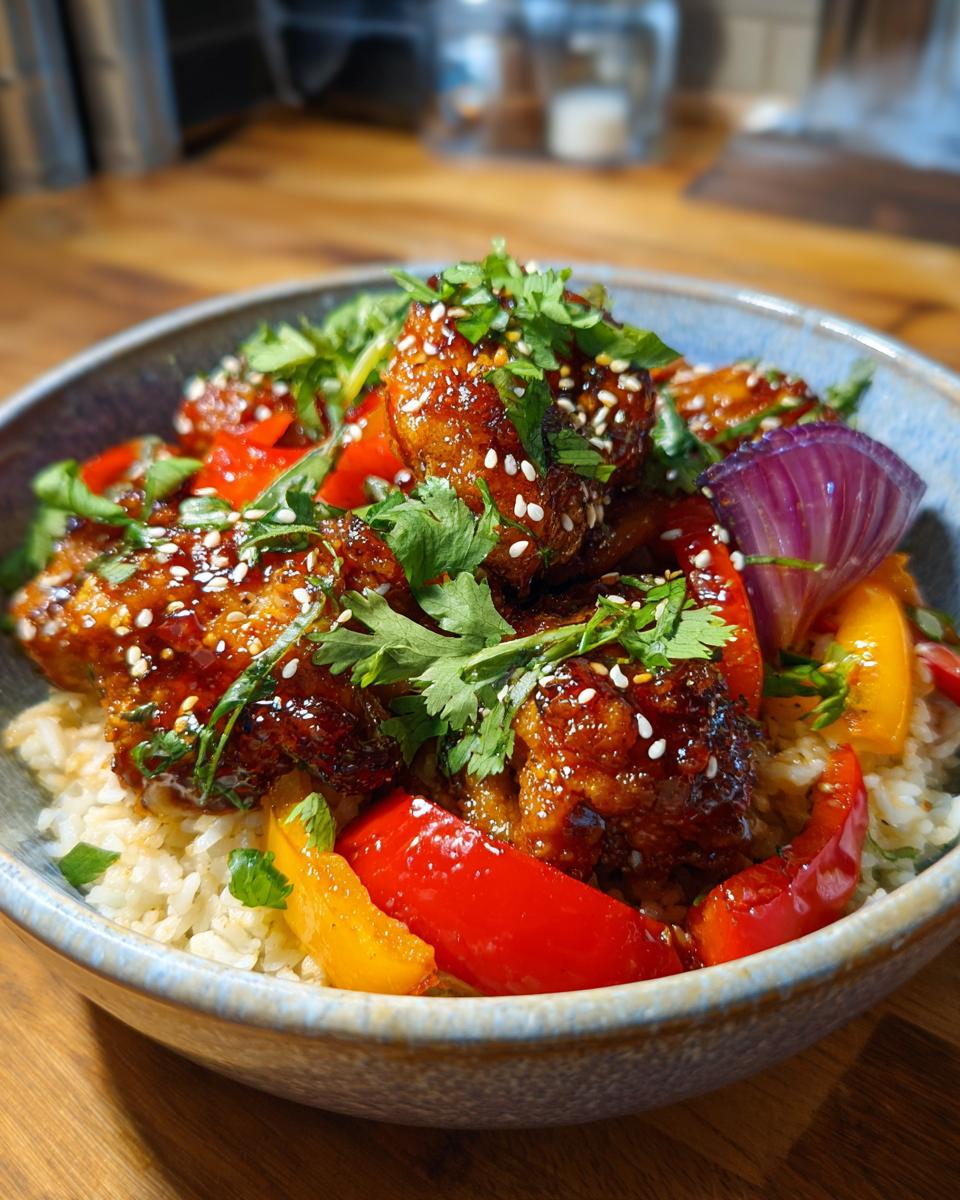 A close-up of a vibrant Hot Honey Chicken Bowl filled with glazed chicken, colorful bell peppers, red onion, and rice, topped with sesame seeds and cilantro.