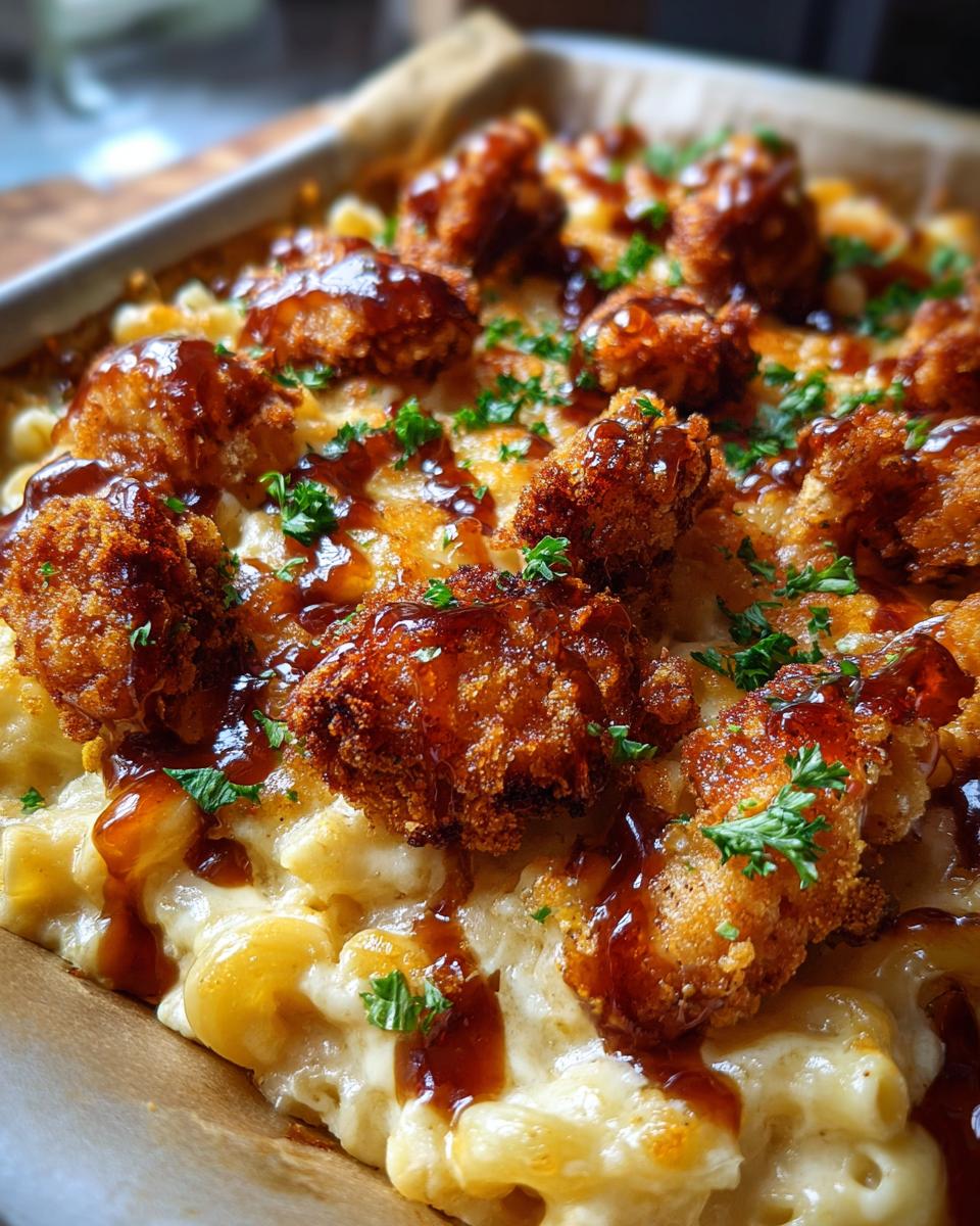 A close-up view of baked hot honey chicken mac and cheese, topped with crispy chicken pieces and fresh parsley.