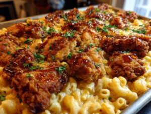 A close-up of a baked casserole dish filled with creamy mac and cheese topped with crispy fried chicken pieces drizzled with hot honey sauce and parsley.