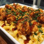 A close-up of a white baking dish filled with creamy hot honey chicken mac and cheese, topped with crispy chicken pieces and parsley.