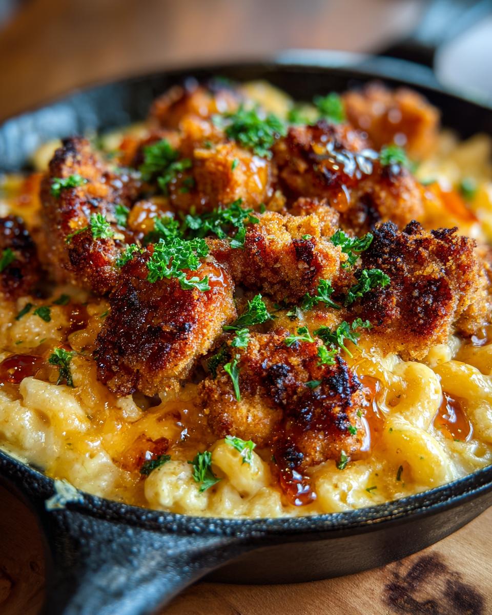 Close-up of a cast iron skillet filled with creamy mac and cheese topped with crispy hot honey chicken pieces and fresh parsley.