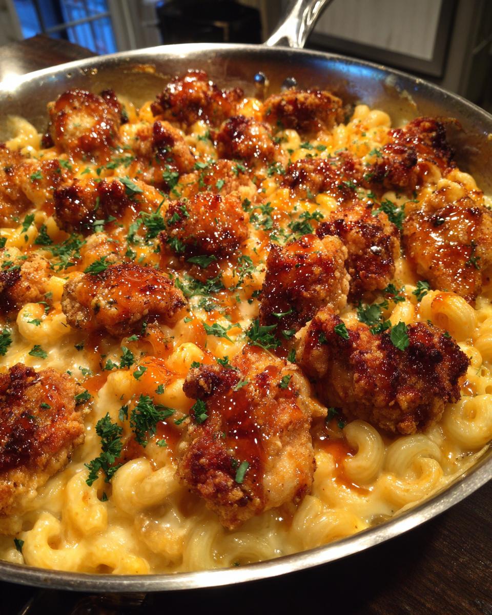 A close-up view of hot honey chicken mac and cheese in a skillet, topped with fresh parsley.