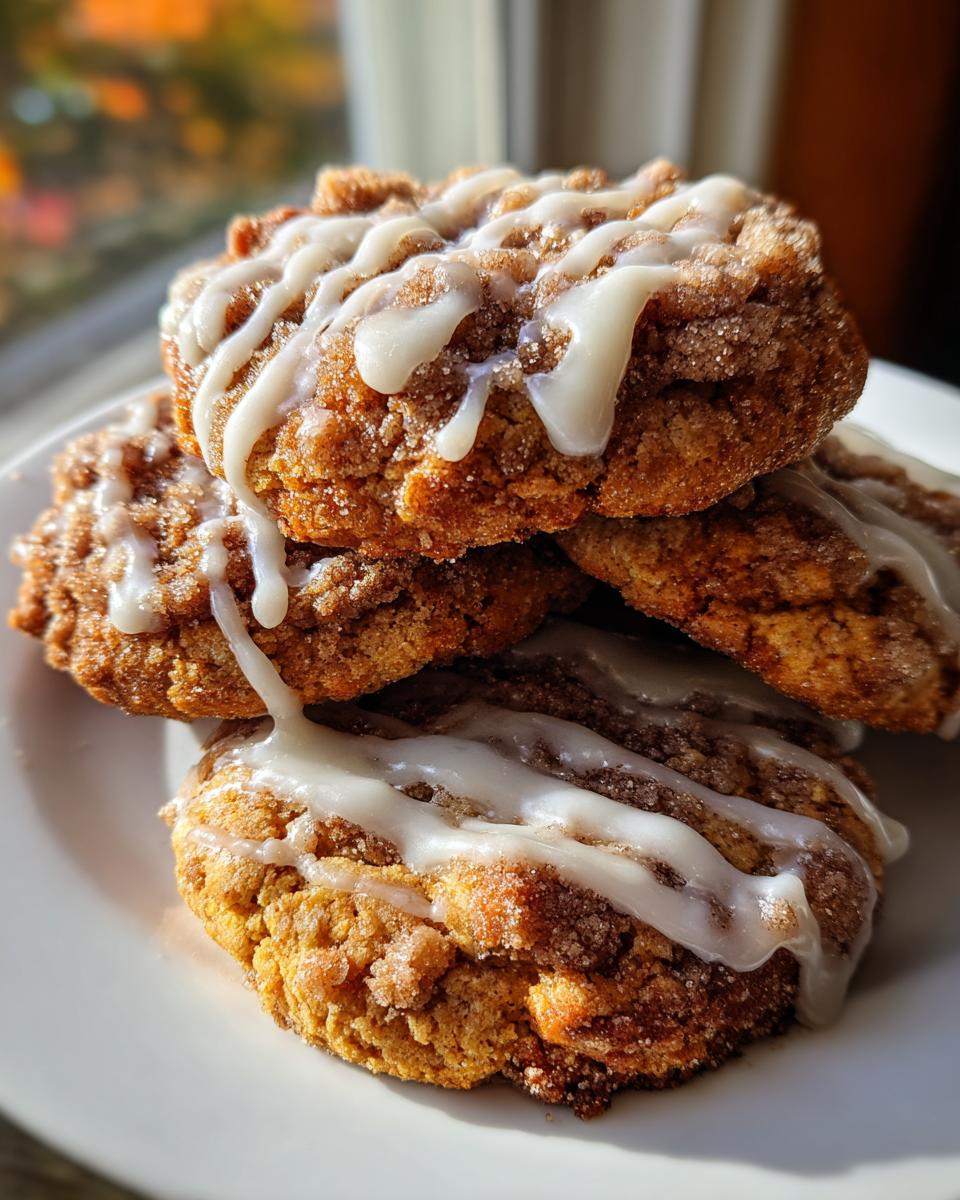 A close-up stack of four moist coffee cake cookies, coated in cinnamon sugar and drizzled with white icing.