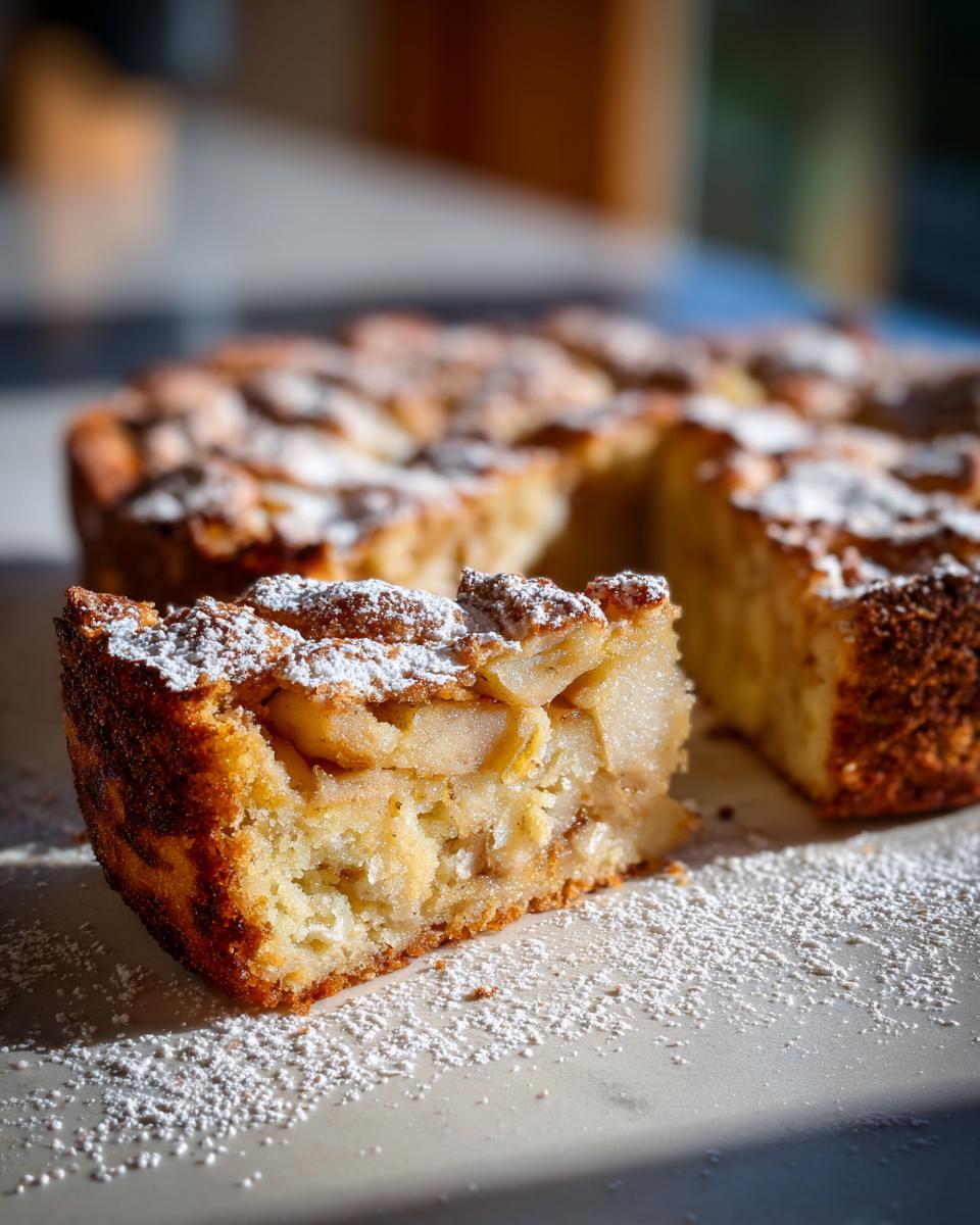 A close-up of a slice of rustic Italian apple cake (torta di mele) dusted with powdered sugar.
