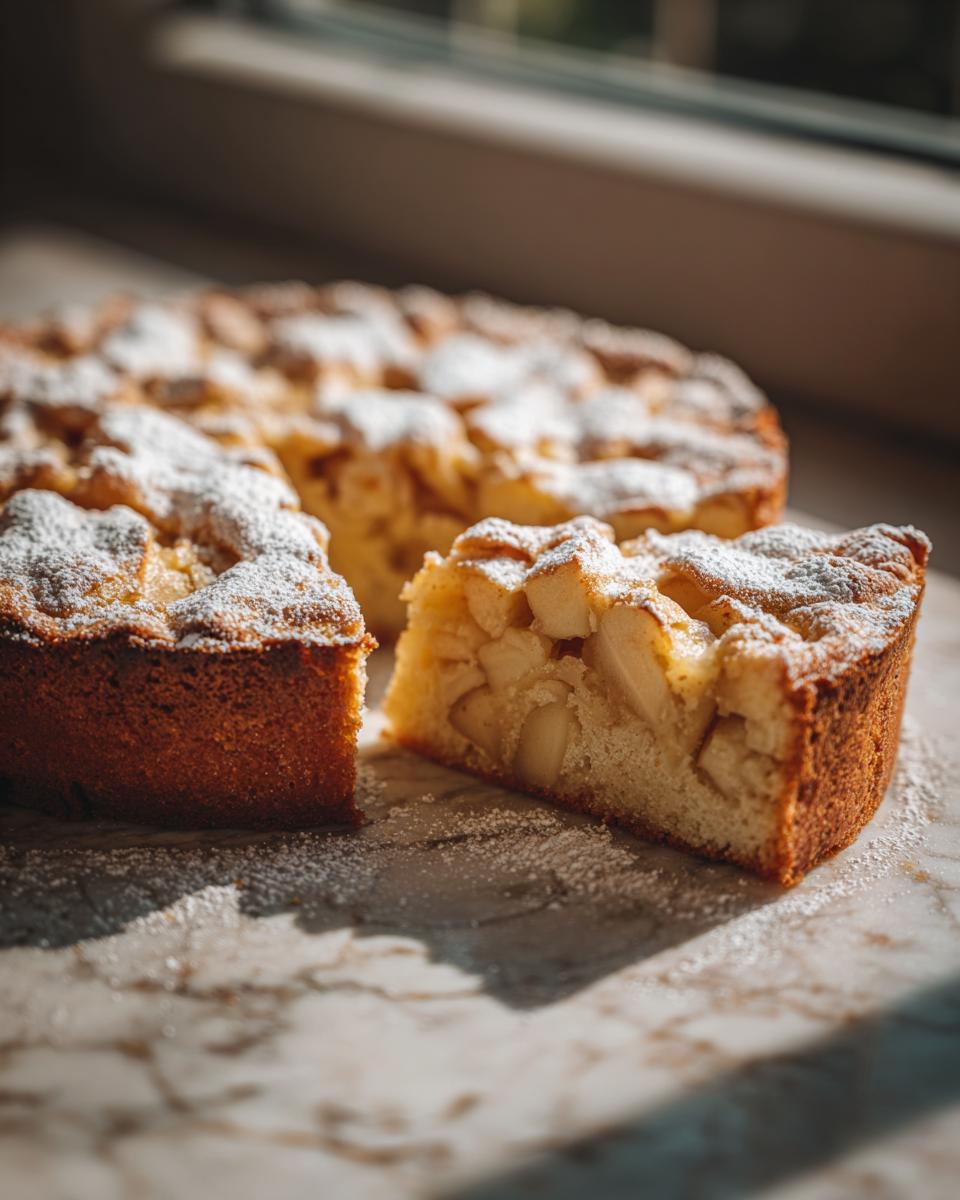 A slice of rustic Italian apple cake (torta di mele) dusted with powdered sugar, showcasing tender apple chunks within.