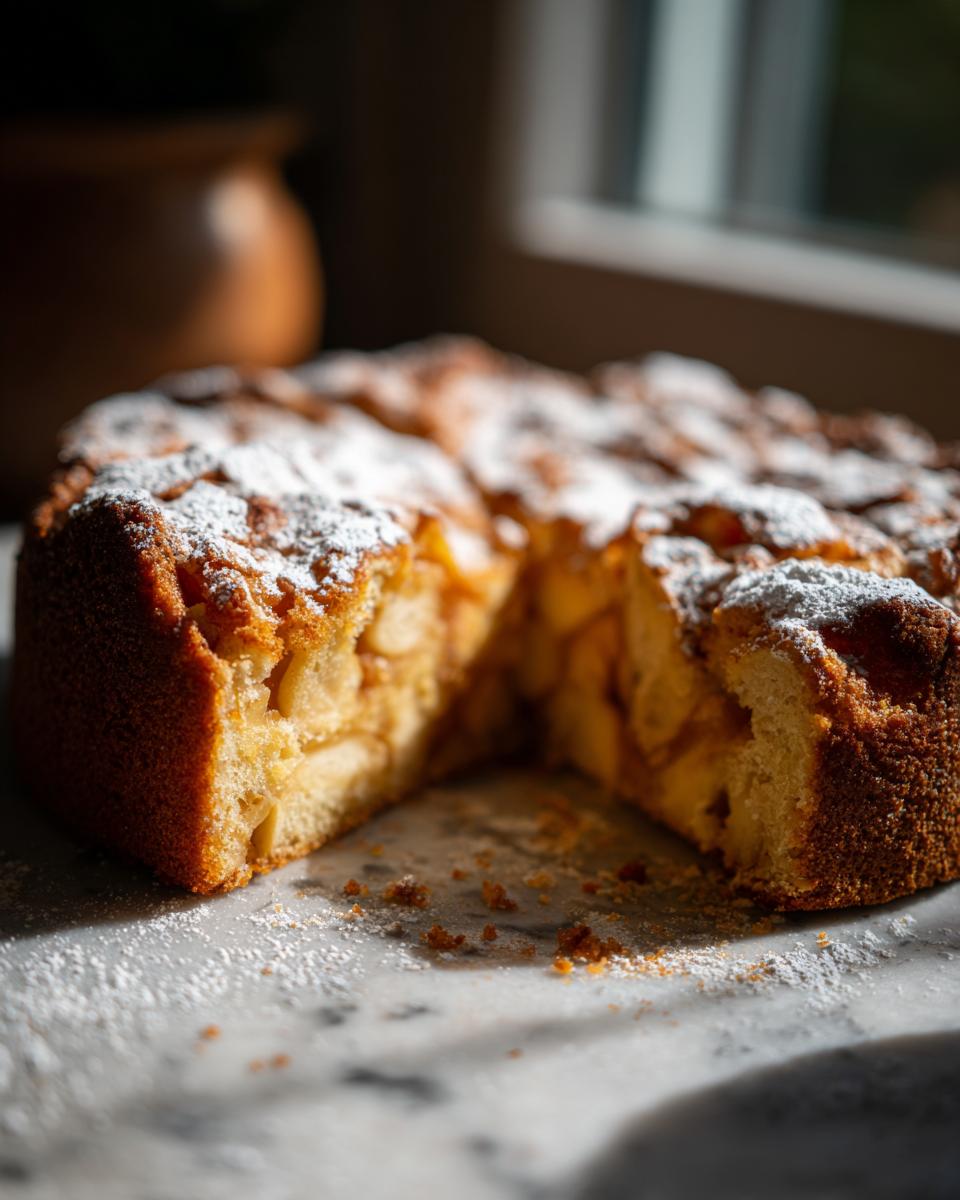 A slice is missing from a rustic Italian apple cake (torta di mele) dusted with powdered sugar.