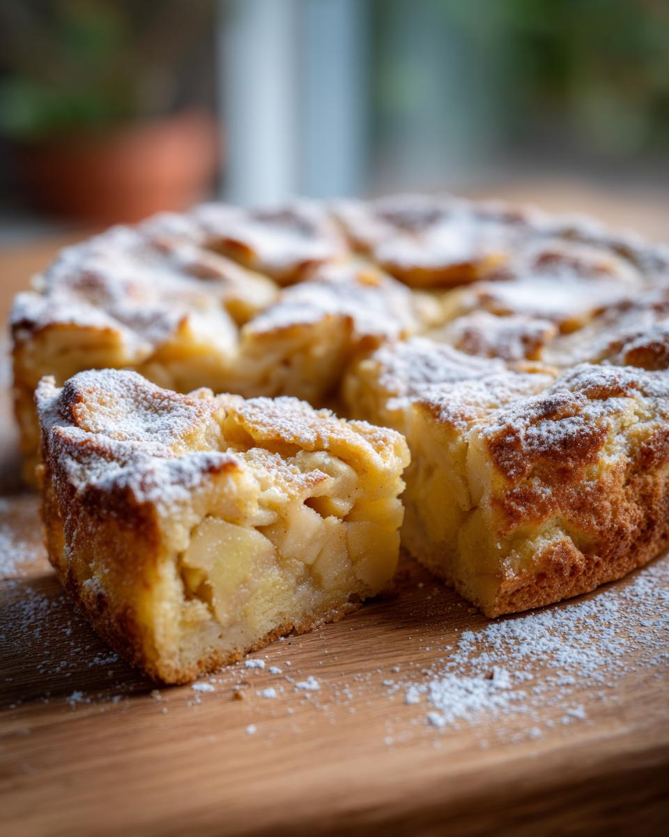 A slice of rustic Italian apple cake (torta di mele) dusted with powdered sugar on a wooden board.