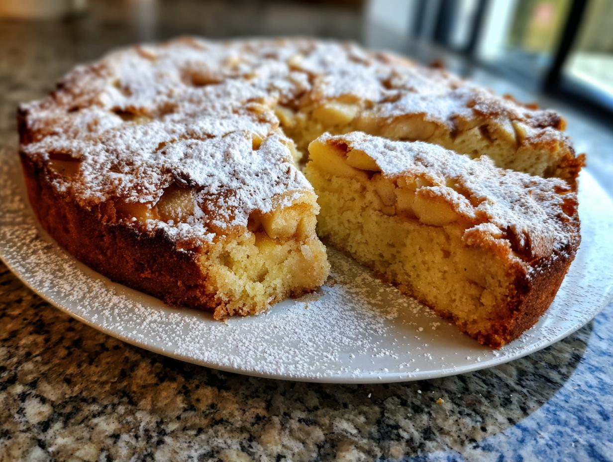 A rustic Italian apple cake (torta di mele) dusted with powdered sugar, with a slice removed to show the tender apple pieces within.