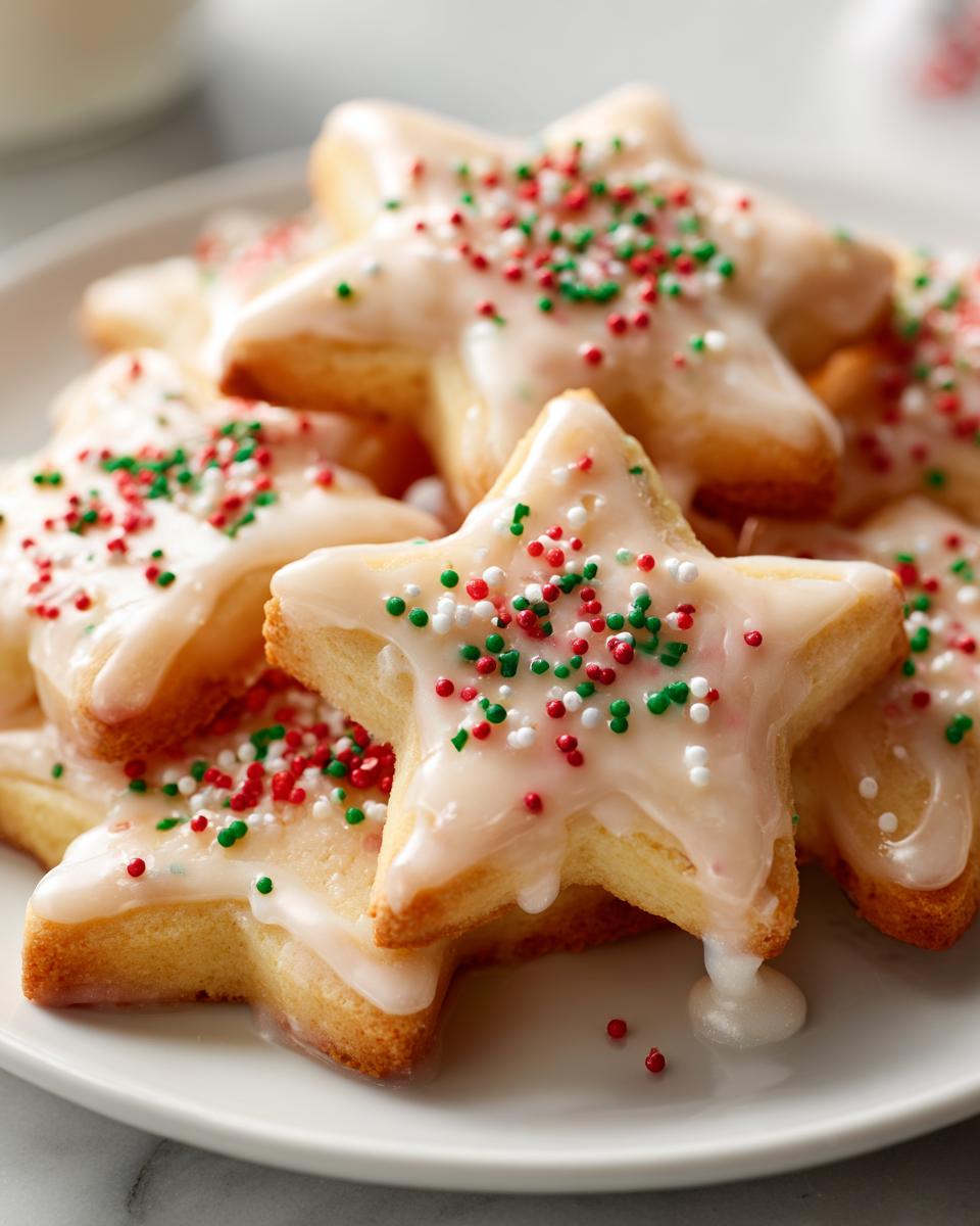 A close-up of star-shaped Italian Christmas cookies topped with white icing and festive red, green, and white sprinkles.