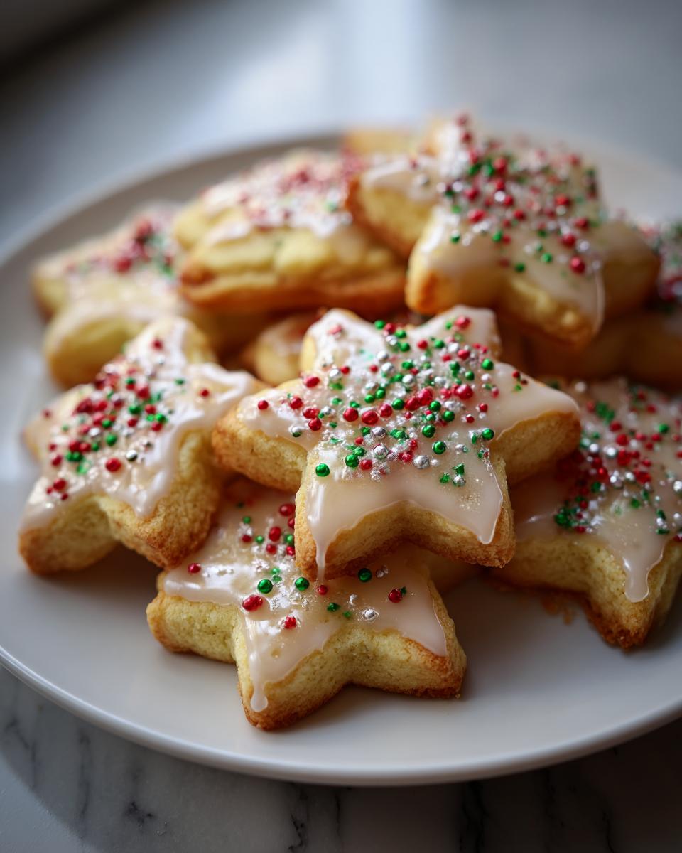 A pile of star-shaped Italian Christmas cookies topped with white icing and festive red, green, and silver sprinkles.