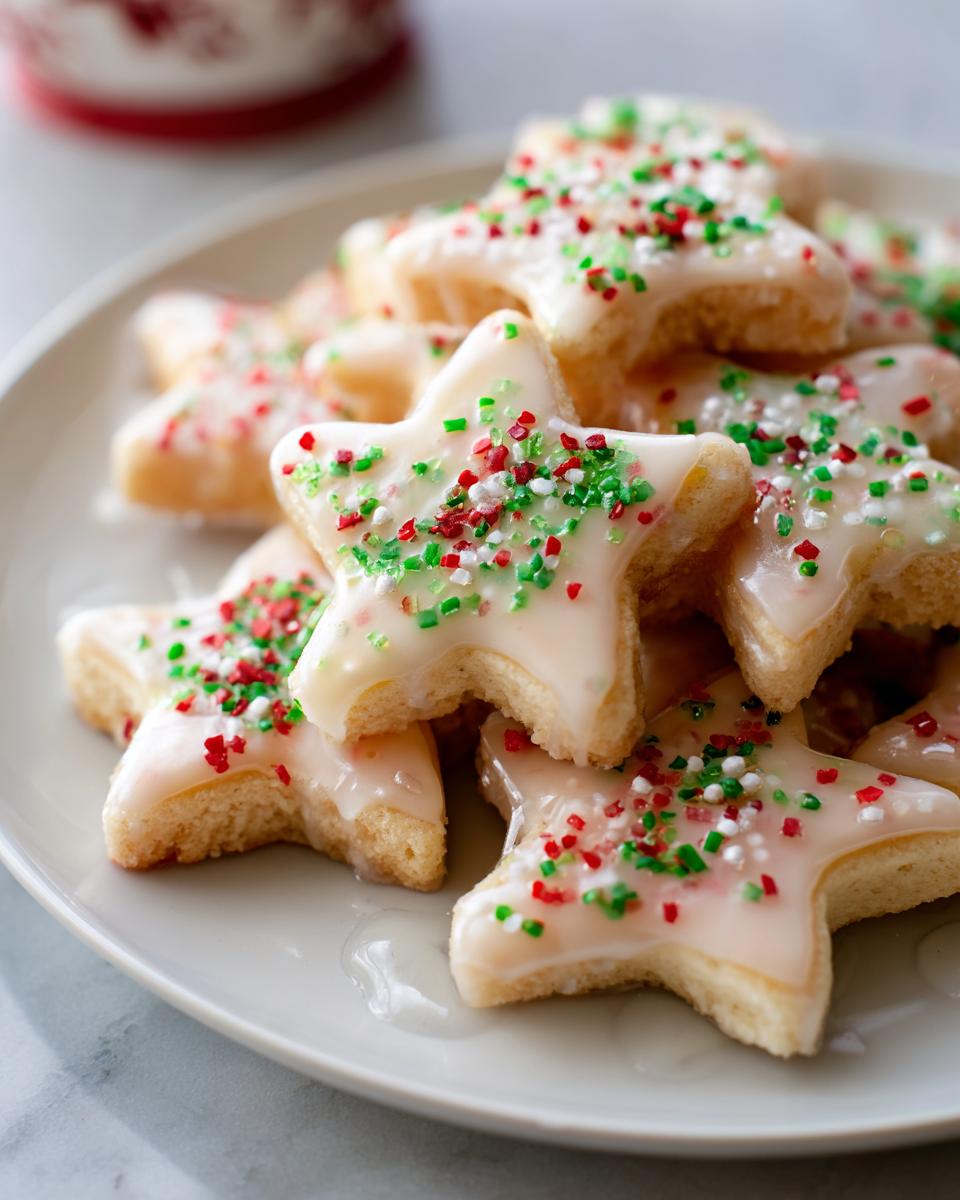 A close-up of a plate piled high with star-shaped Italian Christmas cookies, decorated with white icing and festive red, green, and white sprinkles.